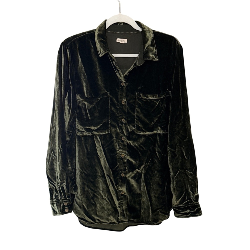 Anthropologie Pilcro Hadley Velvet Button Front Shirt Relaxed Fit Evergreen Sz M - Picture 3 of 10